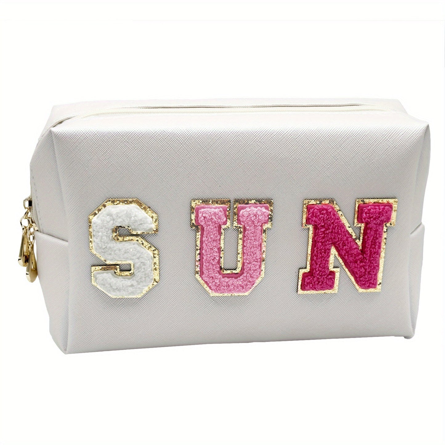 Glamorous Chenille Letter Makeup Bag - Waterproof Zipper Skincare Toiletry Travel Organizer for Women and Teens - Cute and Trendy Clutch Stuff Gift