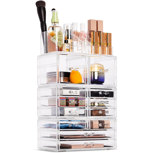 X-Large Clear Makeup Organizer Case - 4 Piece Set (12 drawers)