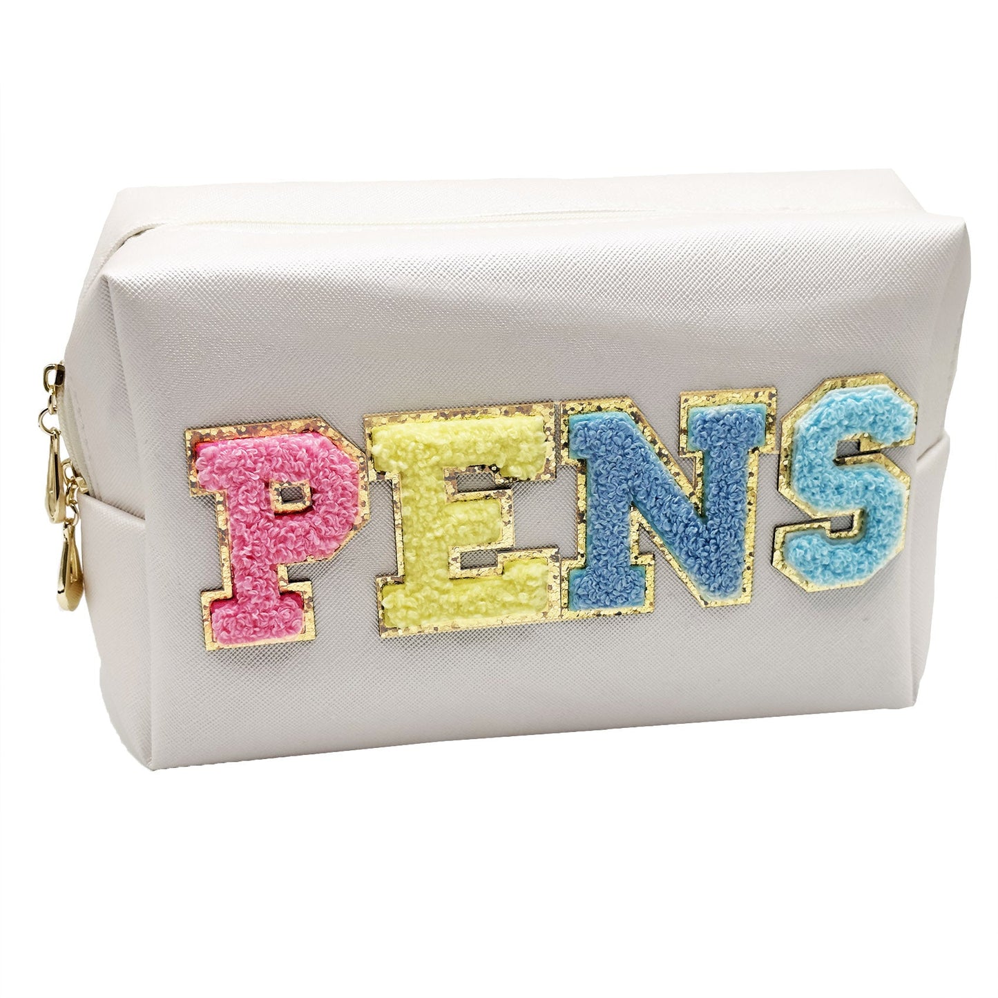 Glamorous Chenille Letter Makeup Bag - Waterproof Zipper Skincare Toiletry Travel Organizer for Women and Teens - Cute and Trendy Clutch Stuff Gift