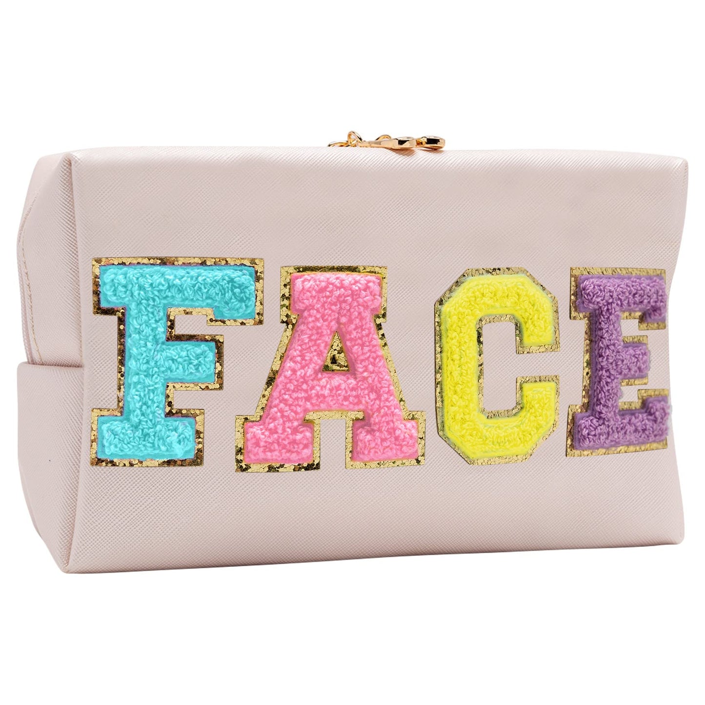 Glamorous Chenille Letter Makeup Bag - Waterproof Zipper Skincare Toiletry Travel Organizer for Women and Teens - Cute and Trendy Clutch Stuff Gift