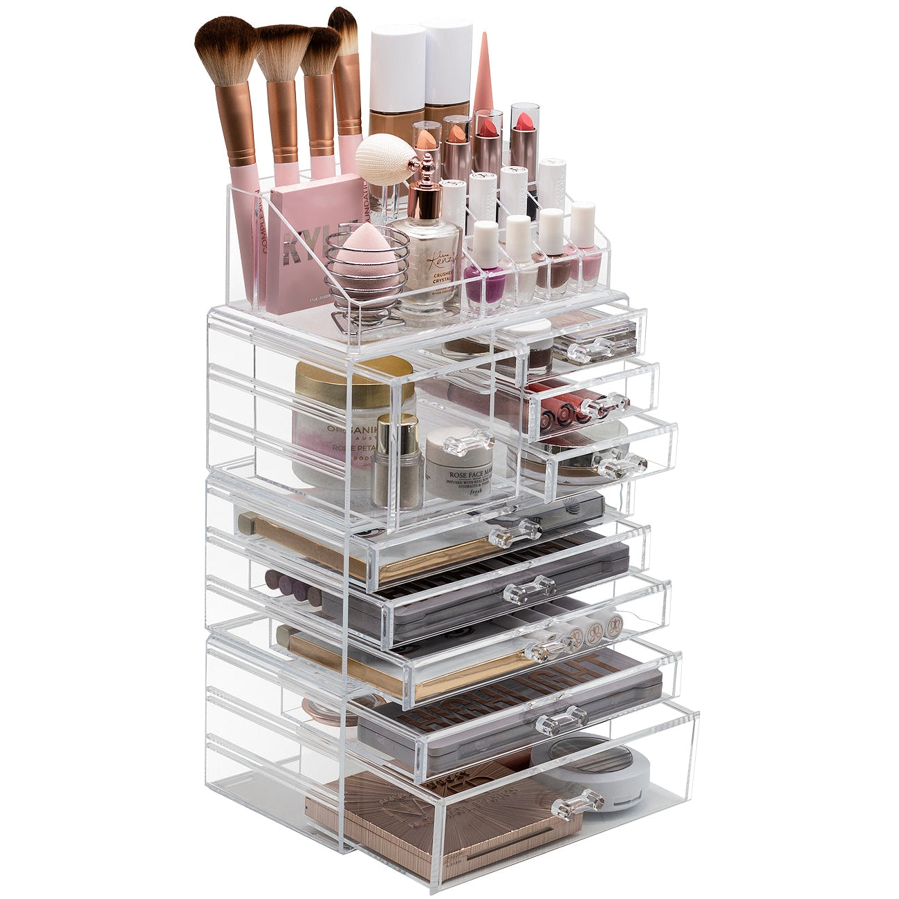 X-Large Clear Makeup Organizer Case - 4 Piece Set (9 Drawers)