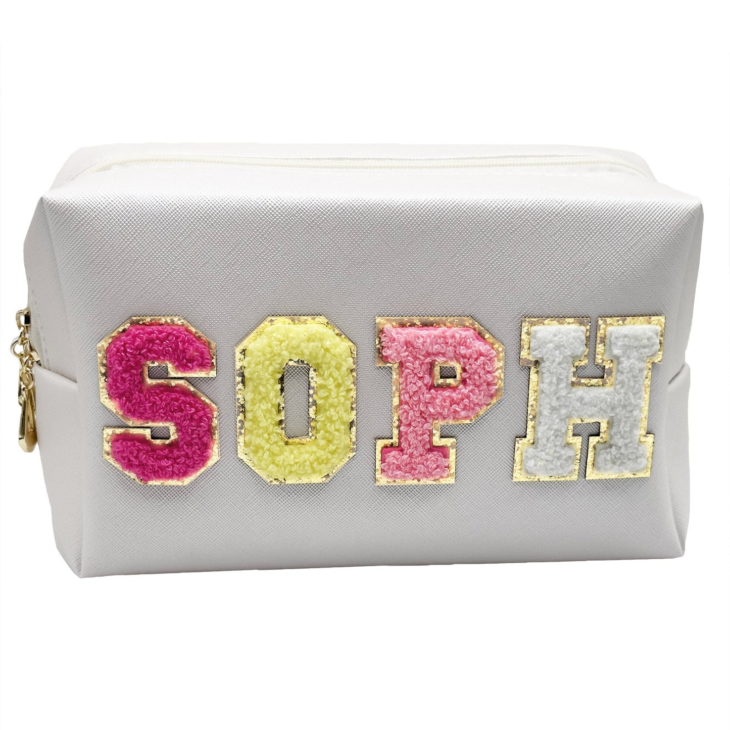 Glamorous Chenille Letter Makeup Bag - Waterproof Zipper Skincare Toiletry Travel Organizer for Women and Teens - Cute and Trendy Clutch Stuff Gift