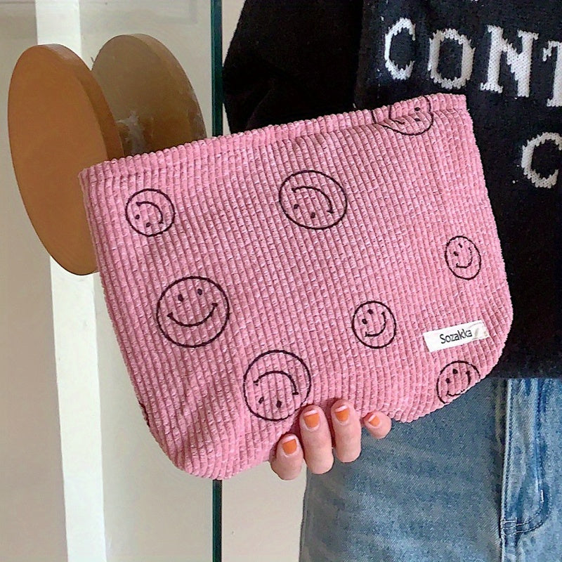 Cute Smile Face Cosmetic Bag - Zipper Travel Portable Makeup Storage Bag - Solid Color Toiletry Bag