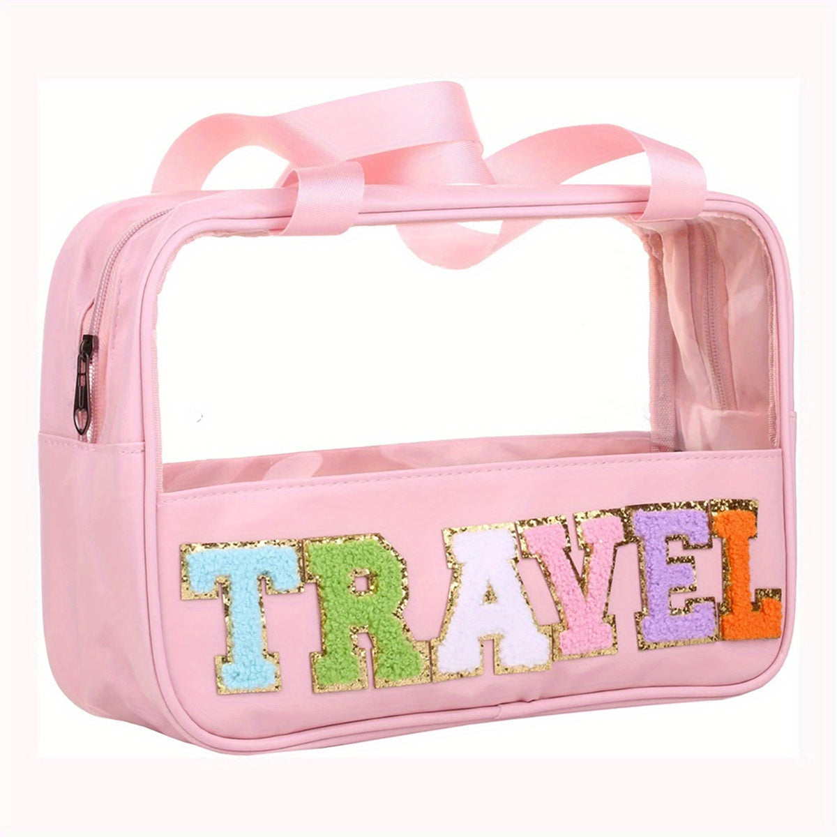 Transparent Letter Pattern Makeup Bag With Handle, Lightweight Portable Waterproof Travel Essentials Large Capacity Cosmetic Bag Zipper Pouch
