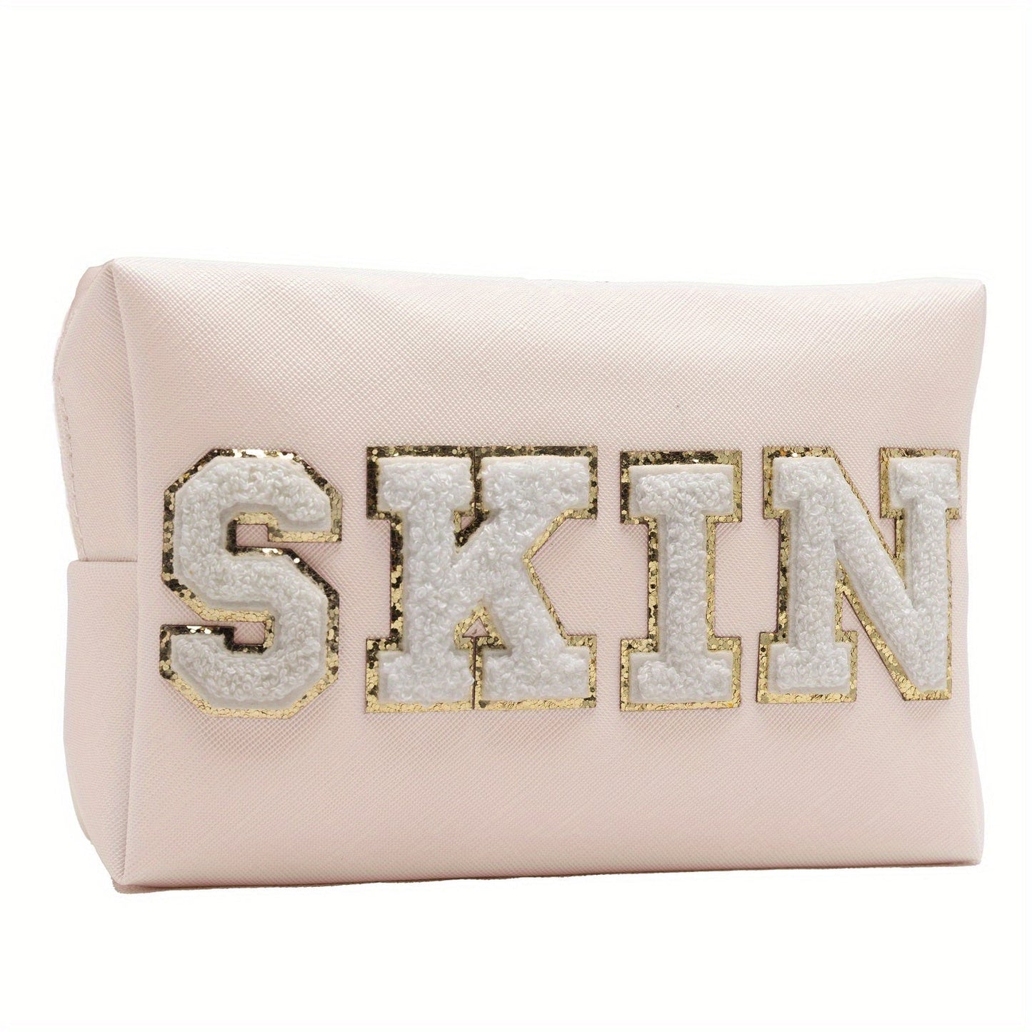 Glamorous Chenille Letter Makeup Bag - Waterproof Zipper Skincare Toiletry Travel Organizer for Women and Teens - Cute and Trendy Clutch Stuff Gift