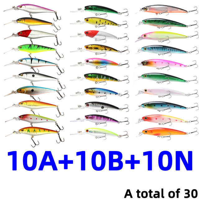 30Pcs/20Pcs/10Pcs Minnow Set Hard Bait Fishing Lure Bass Pike Fresh Salt Water Sea 3D Eyes Wobbler Tackle Crankbait Pesca Kit