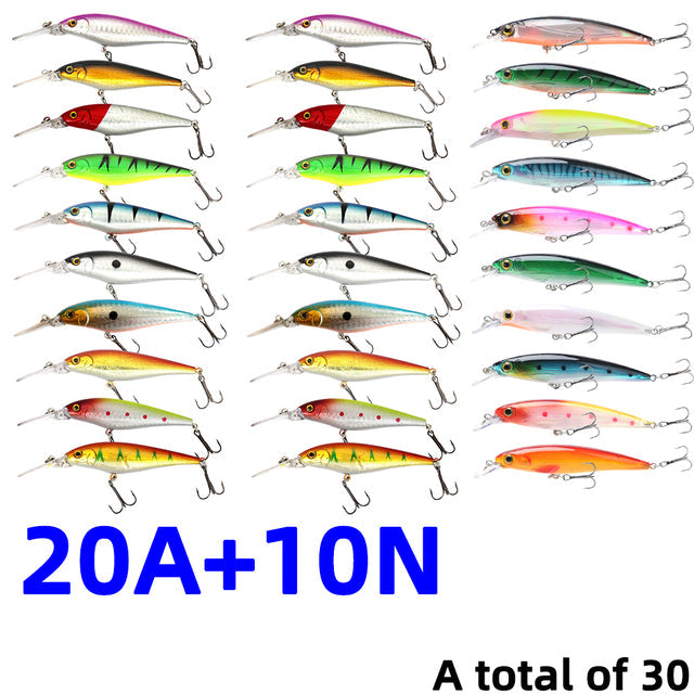 30Pcs/20Pcs/10Pcs Minnow Set Hard Bait Fishing Lure Bass Pike Fresh Salt Water Sea 3D Eyes Wobbler Tackle Crankbait Pesca Kit