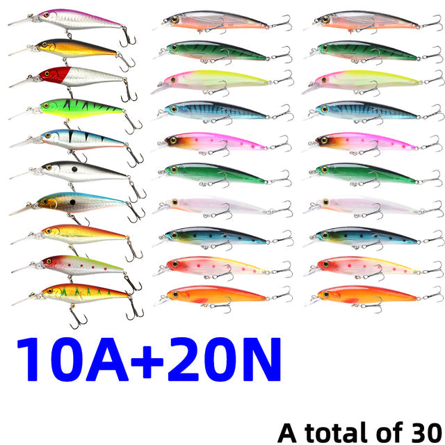 30Pcs/20Pcs/10Pcs Minnow Set Hard Bait Fishing Lure Bass Pike Fresh Salt Water Sea 3D Eyes Wobbler Tackle Crankbait Pesca Kit