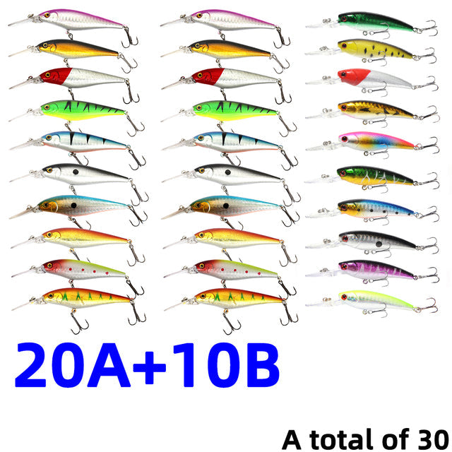 30Pcs/20Pcs/10Pcs Minnow Set Hard Bait Fishing Lure Bass Pike Fresh Salt Water Sea 3D Eyes Wobbler Tackle Crankbait Pesca Kit