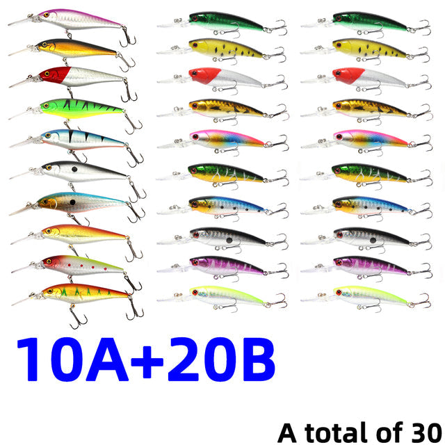 30Pcs/20Pcs/10Pcs Minnow Set Hard Bait Fishing Lure Bass Pike Fresh Salt Water Sea 3D Eyes Wobbler Tackle Crankbait Pesca Kit