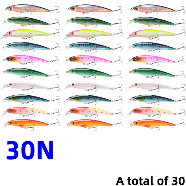 30Pcs/20Pcs/10Pcs Minnow Set Hard Bait Fishing Lure Bass Pike Fresh Salt Water Sea 3D Eyes Wobbler Tackle Crankbait Pesca Kit